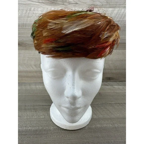 1950s VTG Feather Turban Hat by Mr. Michael Exclusive Satin Bow Multicolor Retro